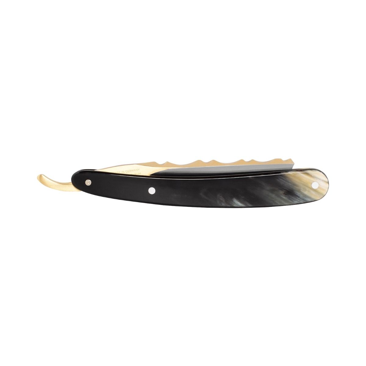 Dovo Bergischer Löwe Horn Straight Razor 6/8", closed position with a dark horn handle and gold blade.