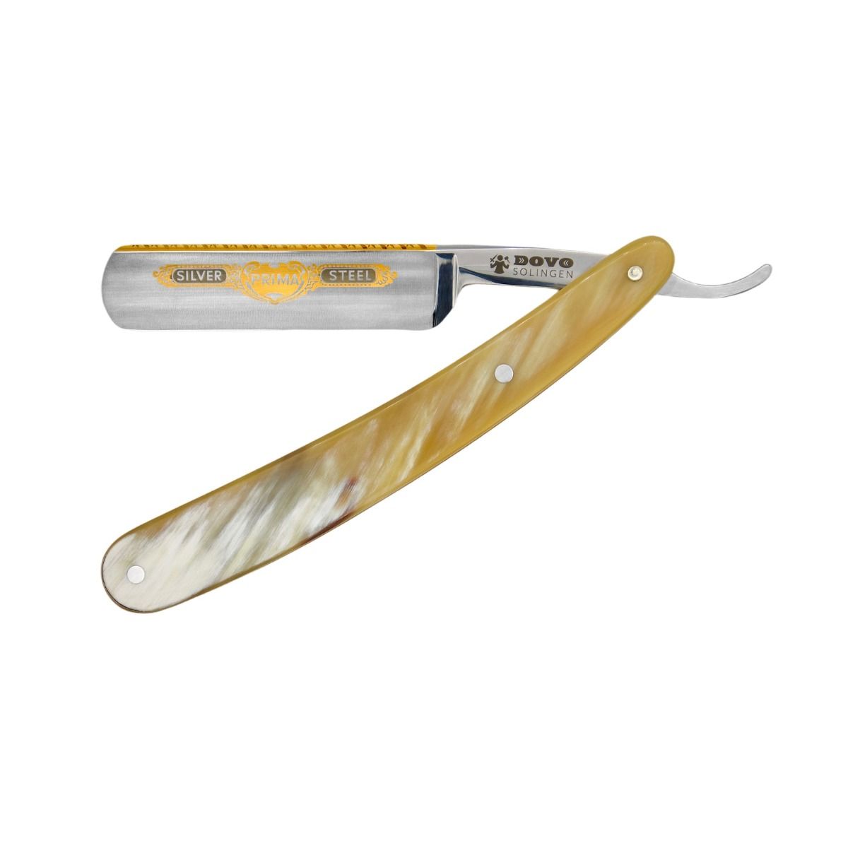 Fully open view of the Dovo Prima Steel Silver Straight Razor, featuring the elegant horn handle and engraved blade.