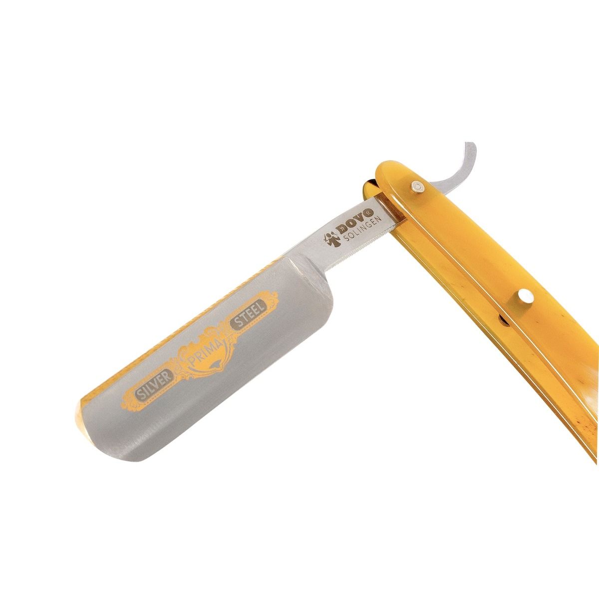 Angled view of the Dovo Prima Steel Silver Straight Razor with the blade partially open, showing the gold-plated details.