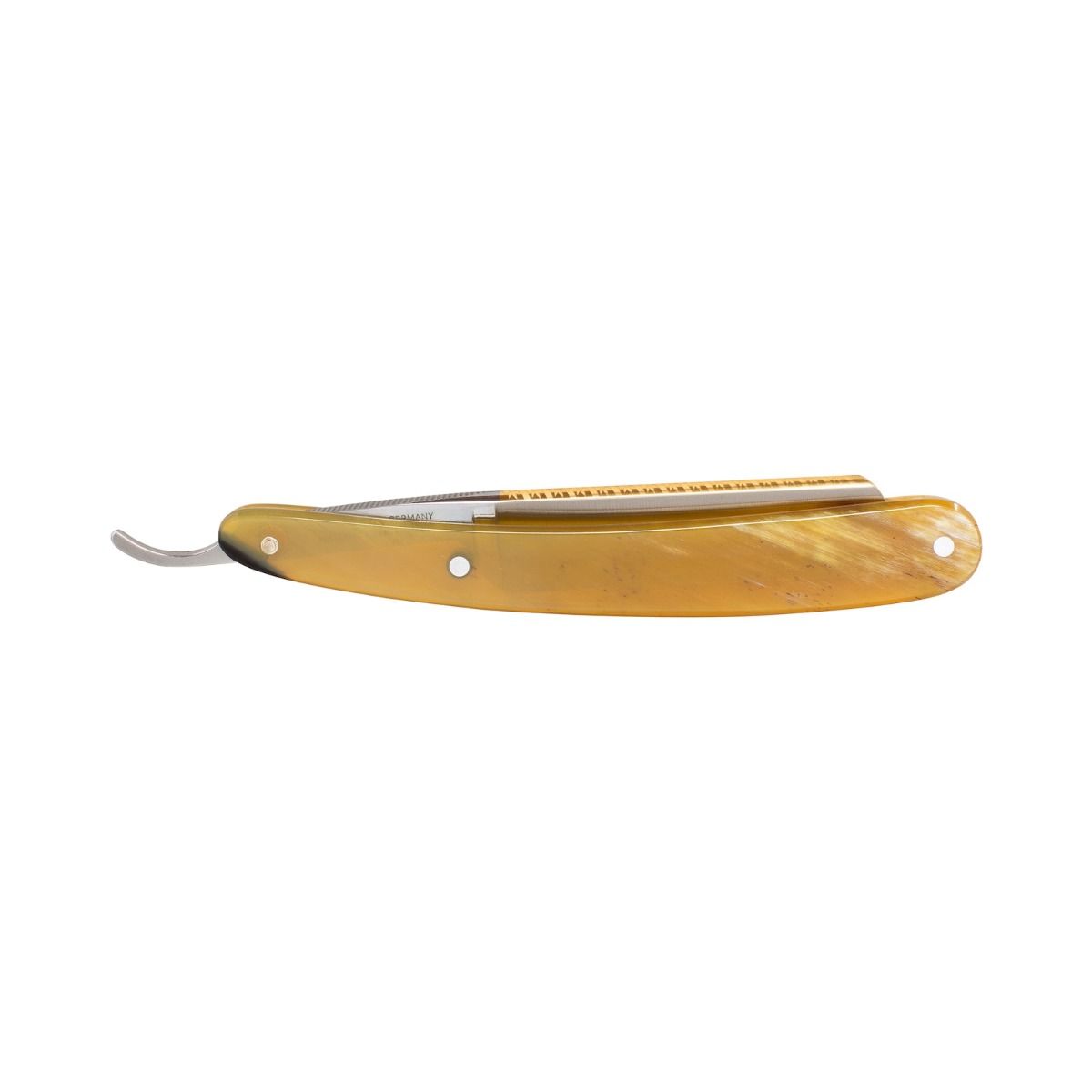 Side profile of the Dovo Prima Steel Silver Straight Razor, highlighting the horn handle and full blade length.