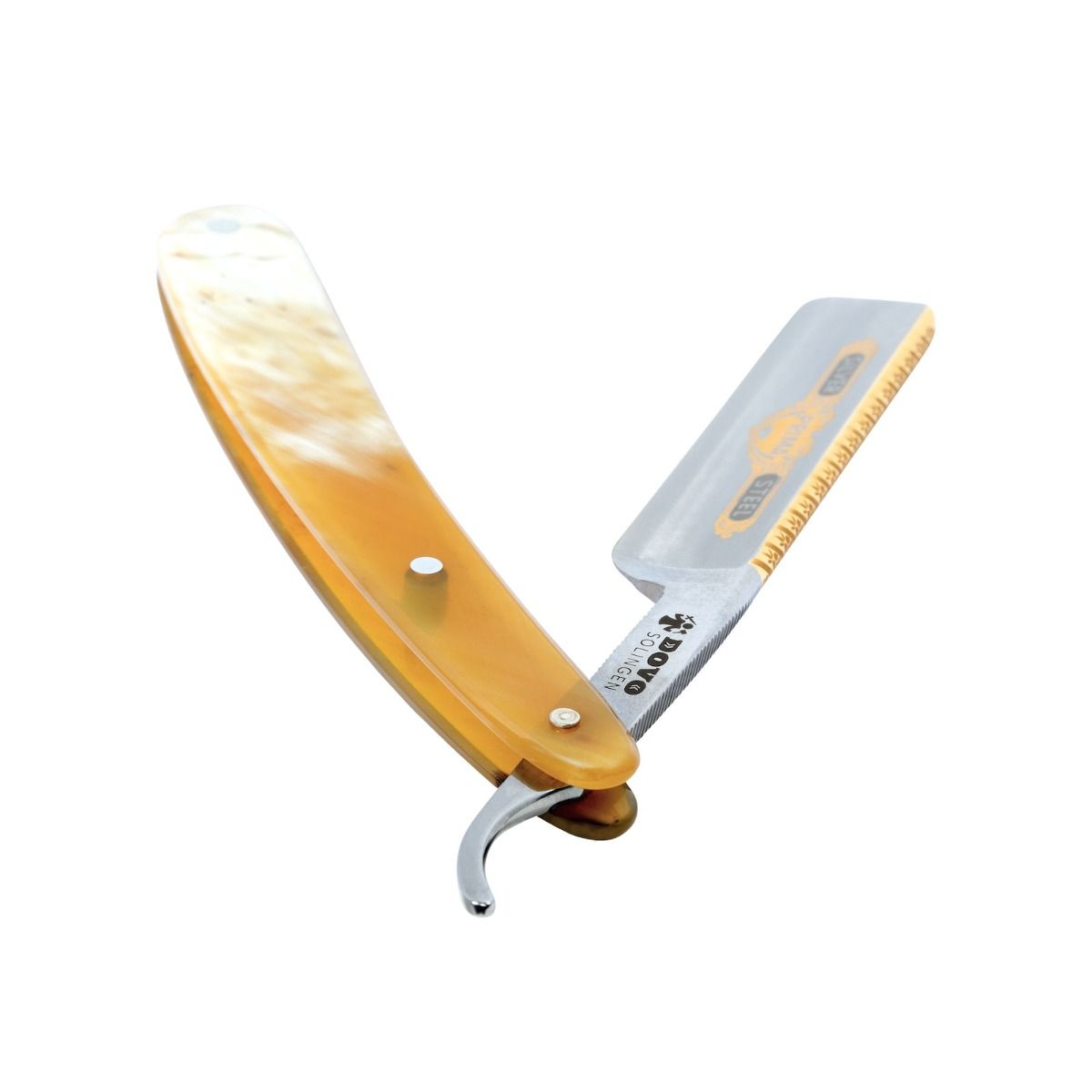 Close-up view of the Dovo Prima Steel Silver Straight Razor, showcasing its horn handle and intricate blade design.