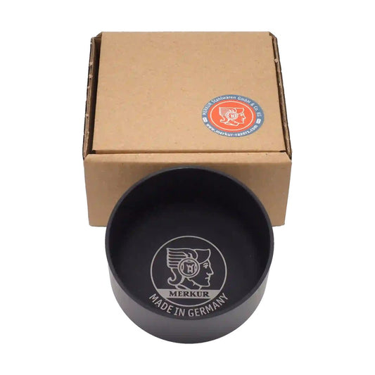 Merkur 4000 black anodised aluminium shaving bowl with laser engraved logo and non slip base - Box View Top Down