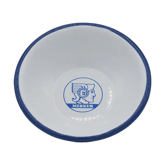 Merkur 4010 white and blue enamel shaving bowl with printed logo and wide lathering surface - Top View