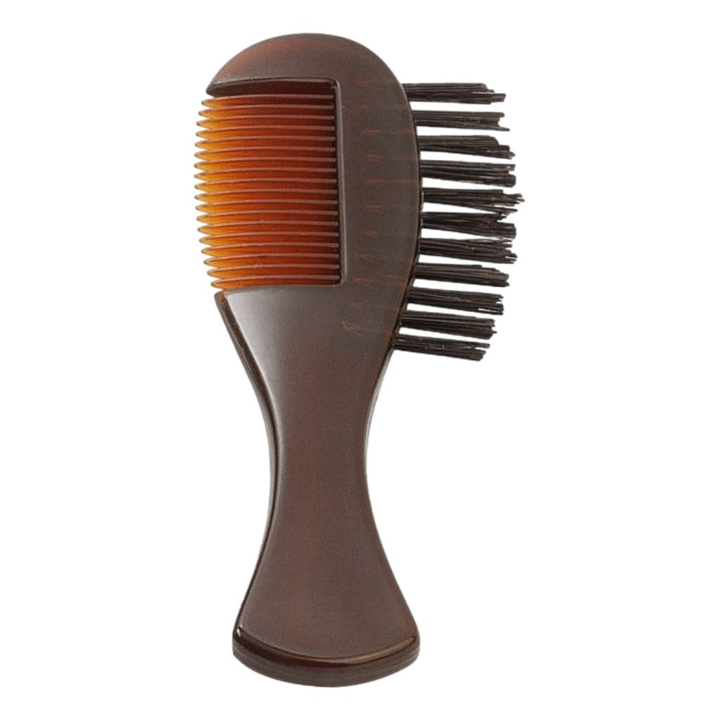 DOVO Beard Brush and Comb featuring a dual-sided design for grooming and styling facial hair. Compact acrylic handle with a sleek brown finish.