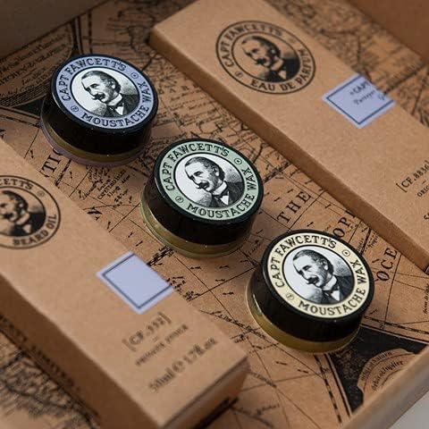 Three Captain Fawcett's moustache products on a vintage-style map background