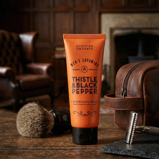 Thistle & Black Pepper Aftershave Balm with a razor, shaving brush and leather washbag