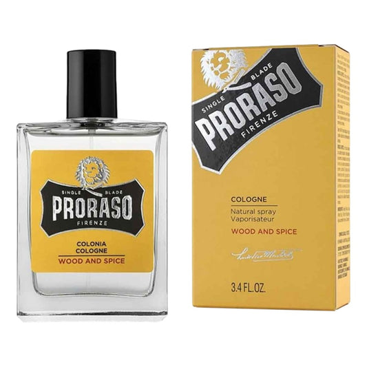 Proraso Wood and Spice Cologne 100ml bottle with warm woody spice fragrance for men with packaging