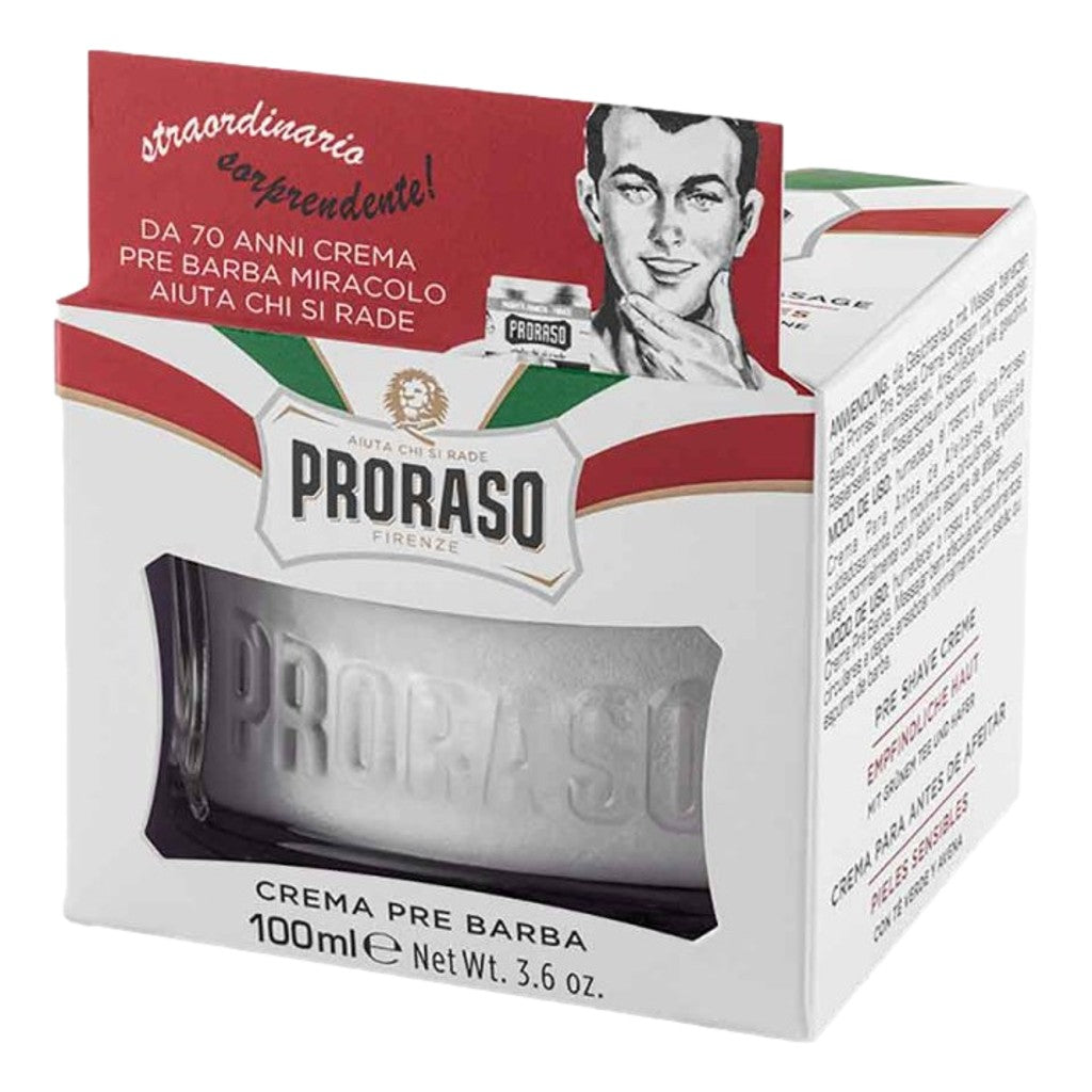 Proraso White Sensitive Pre-Shave Cream 100ml with green tea and oat extract for sensitive skin box packaging