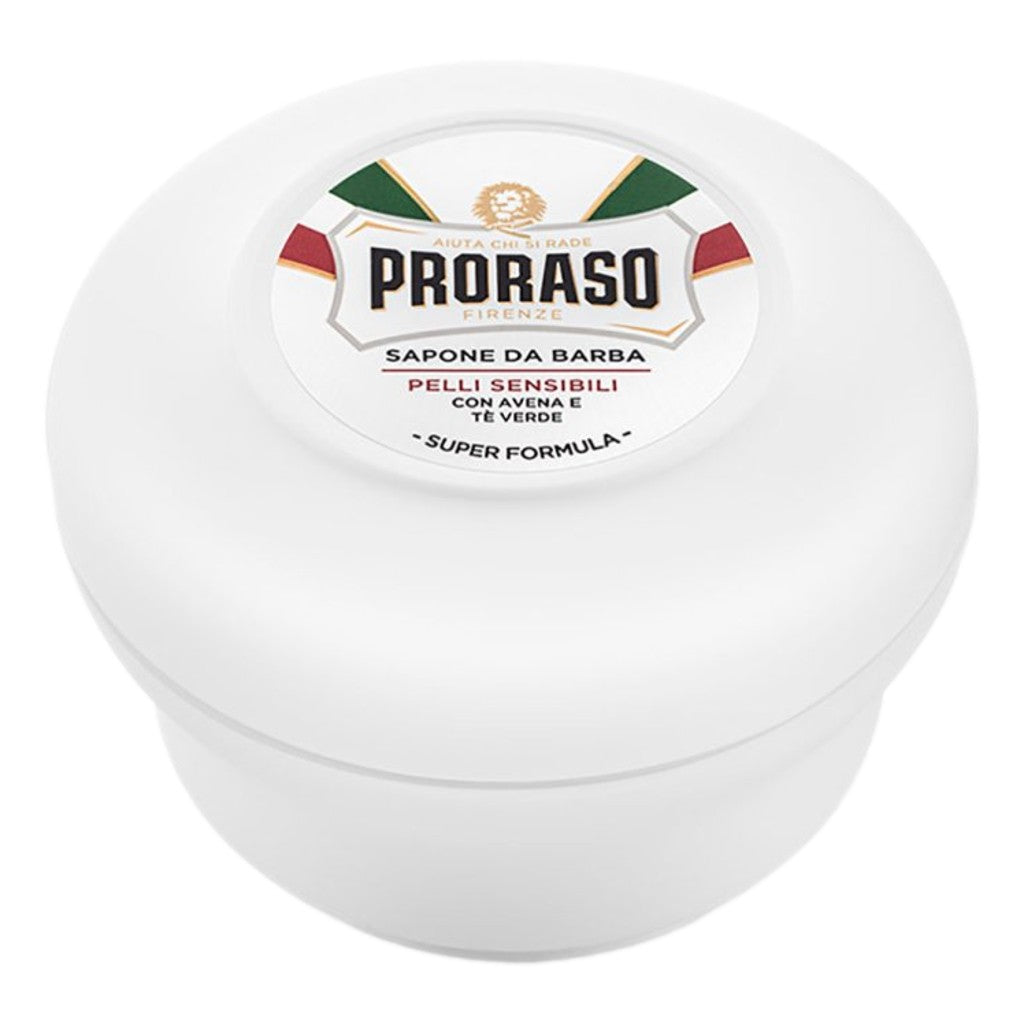 Proraso shaving soap in a white container on a white background