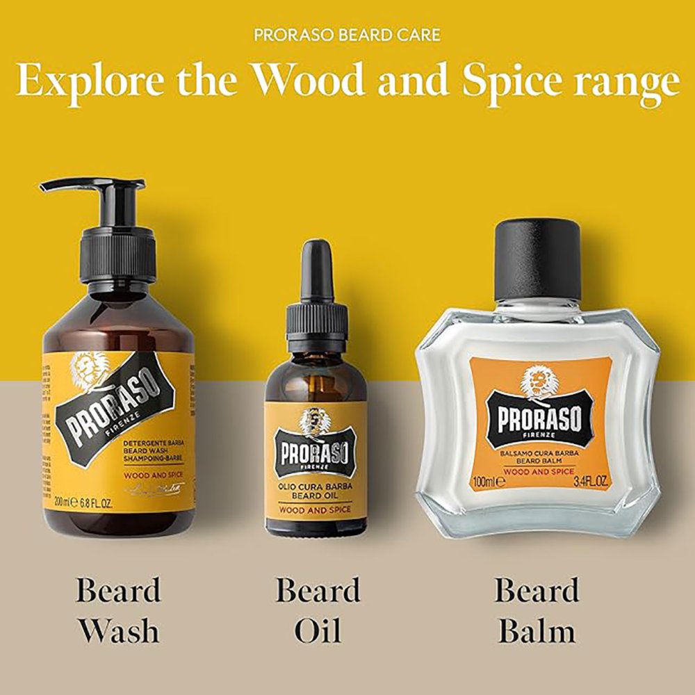 Explores the Proraso Wood and Spice Beard Care Range Poster