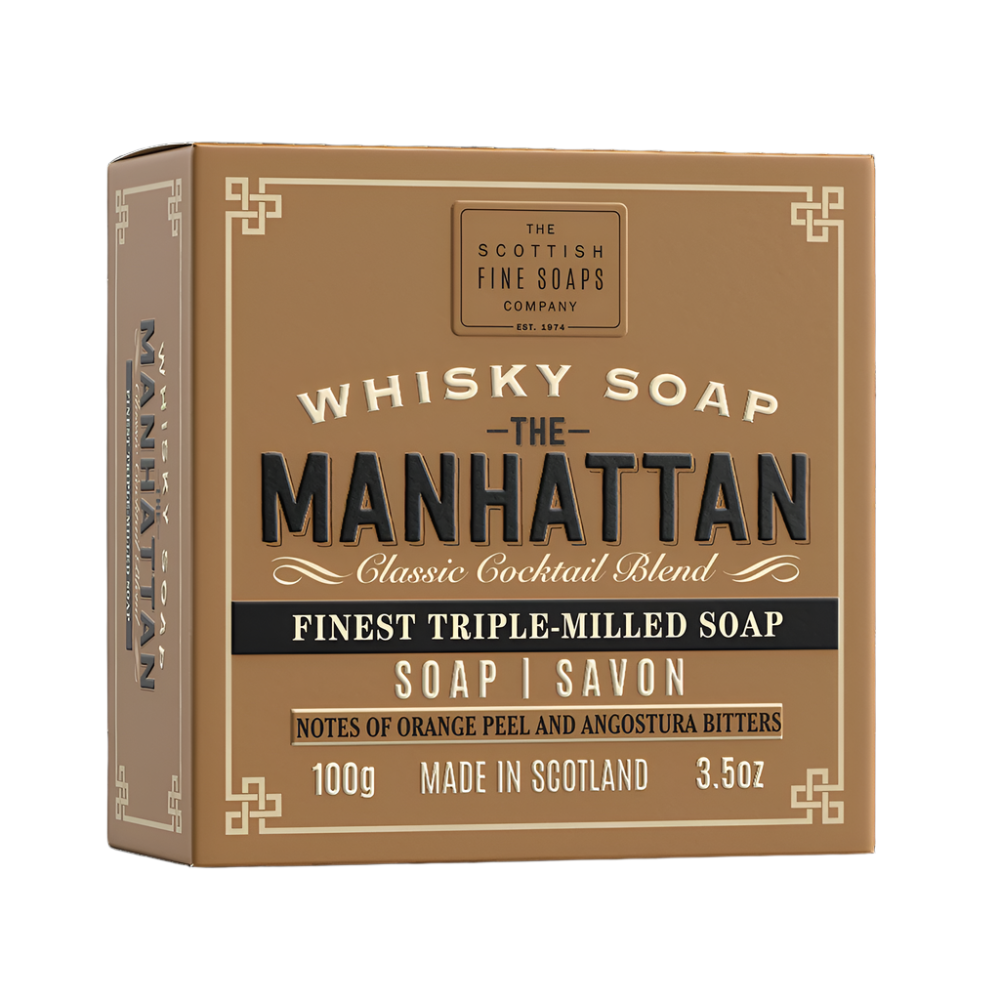 The Scottish Fine Soaps Whisky Cocktail Soap – The Manhattan, 100g, Whisky-Enriched, Woody Amber Scent, Recyclable Carton.