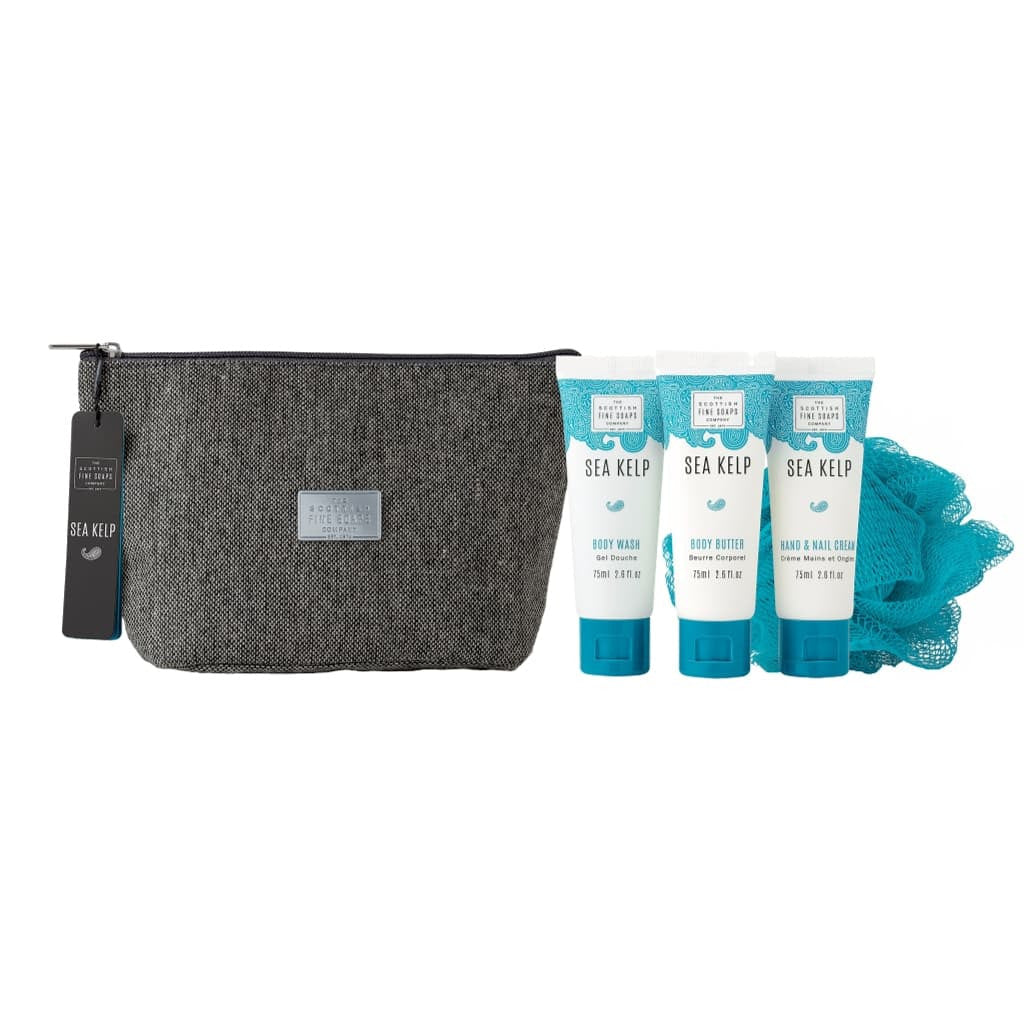 Scottish Fine Soaps Sea Kelp Toiletry Bag With Body Wash, Body Butter, Hand Cream, And Blue Bath Puff.