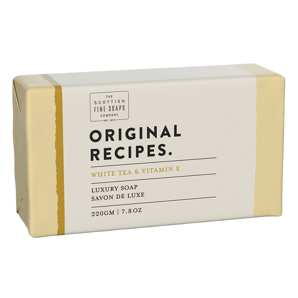 Scottish Fine Soaps White Tea & Vitamin E Soap Bar 220g With Milk Thistle Extract And Elegant Packaging.