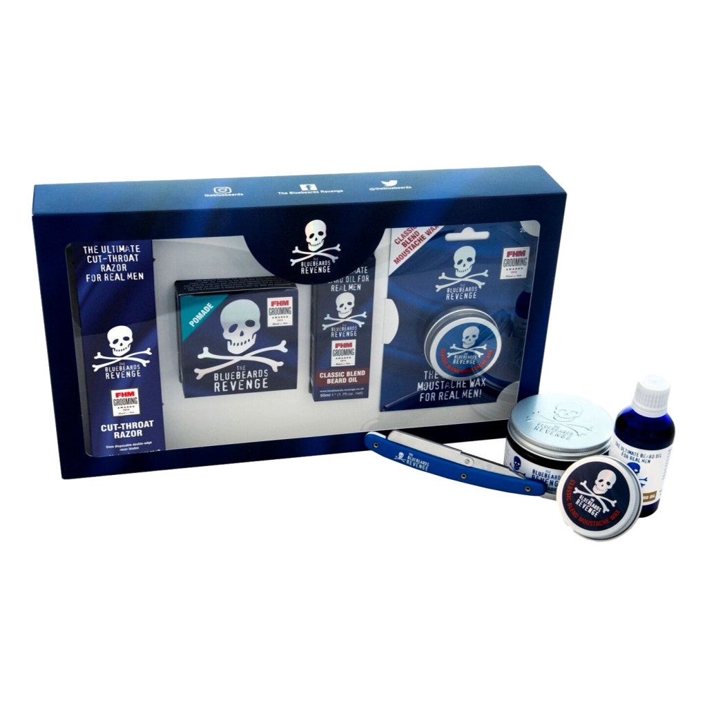 The Bluebeards Revenge Hipster Kit, featuring beard oil, moustache wax, pomade, and a cut-throat razor, all displayed in a premium gift box.