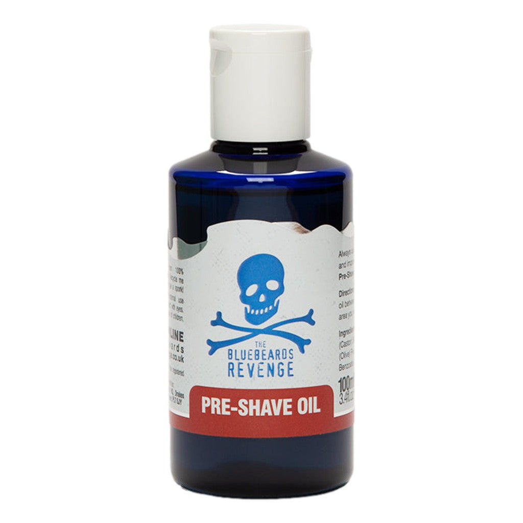 Bottle of 'The Bluebeards Revenge' pre-shave oil on a white background