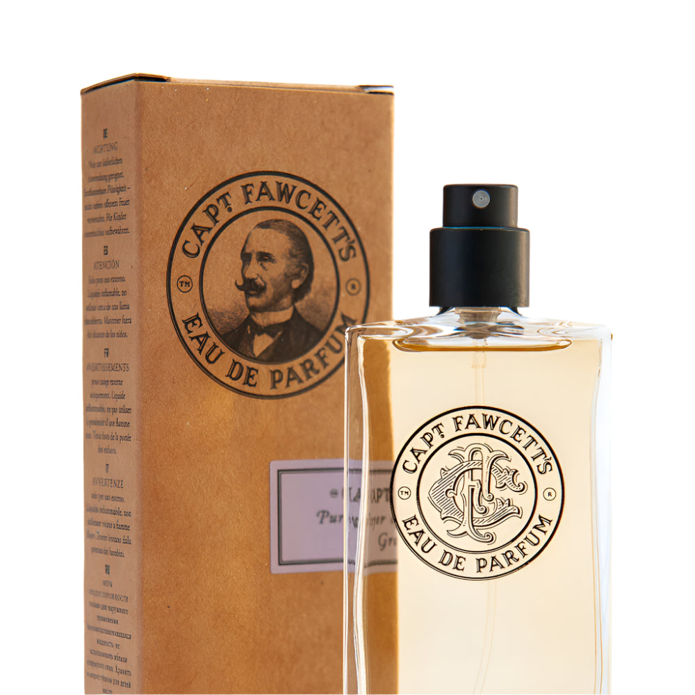 Capt Fawcett's Eau de Parfum bottle and packaging on a white background