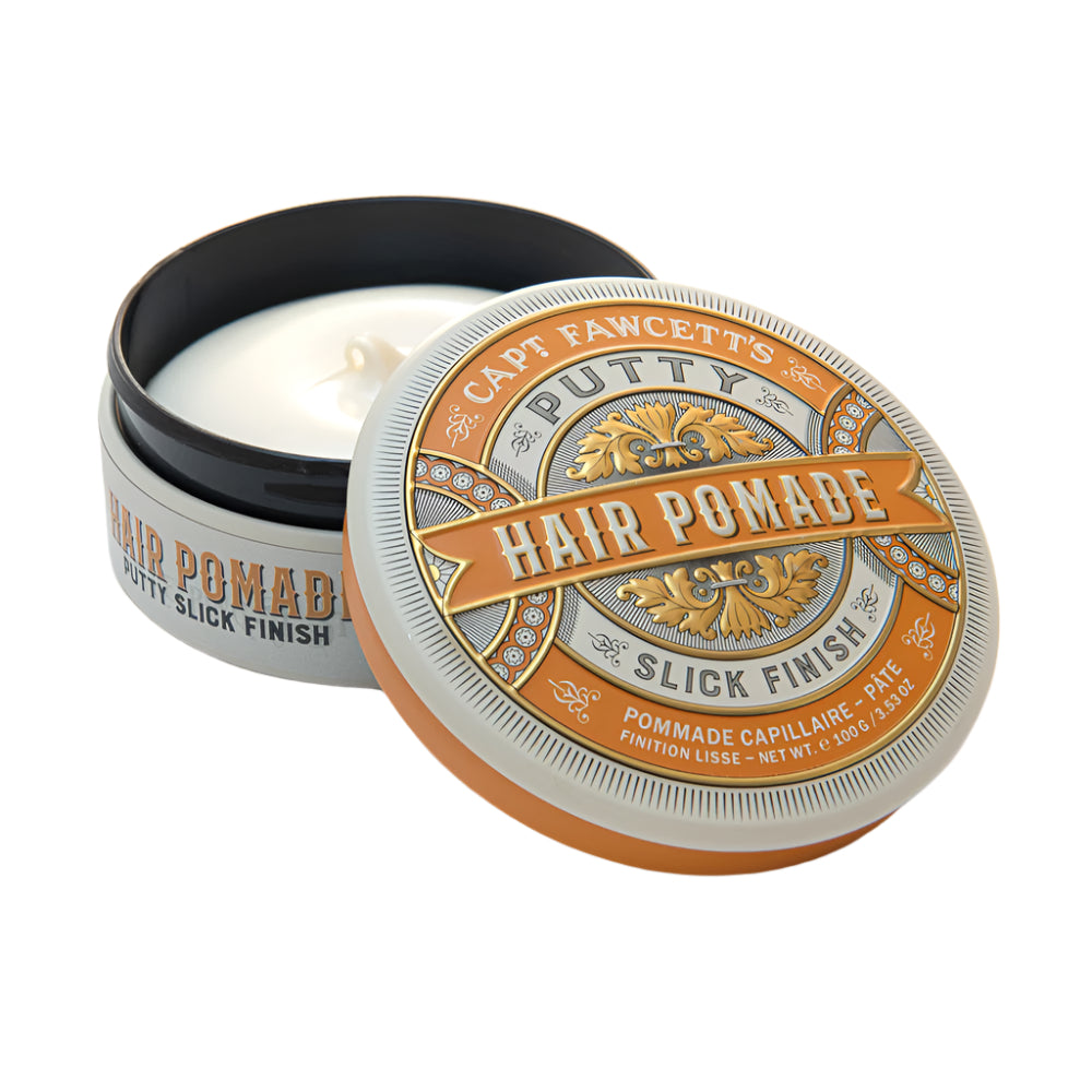 Open container of Capt. Fawcett's Putty Hair Pomade on a white background