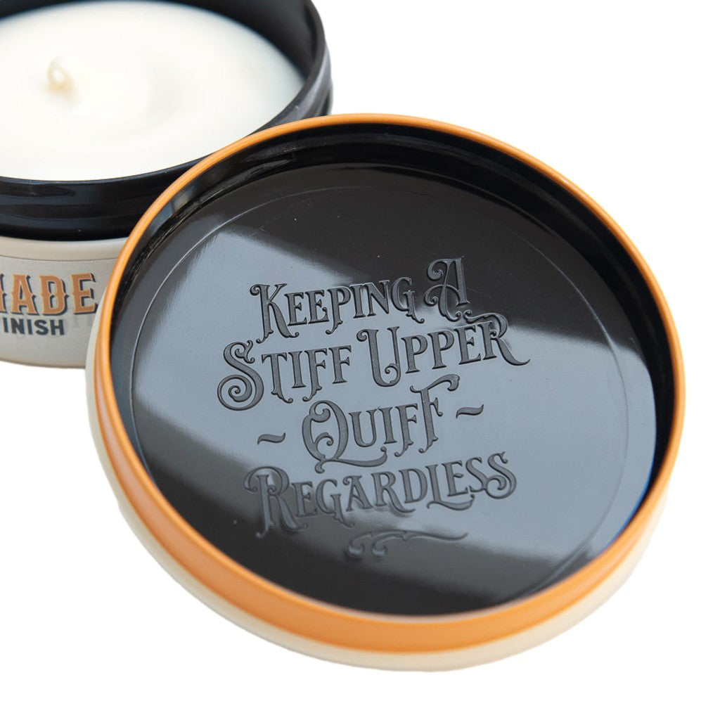 Decorative lid featuring text on a white background
