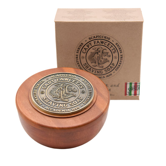 Cape Fawcett's Shaving Soap in wooden bowl with branded box on a white background