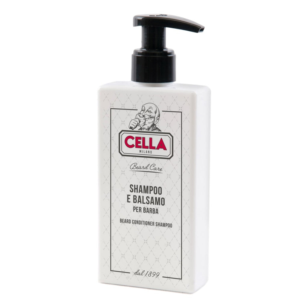 Cella Milano shampoo and balm bottle on a white background