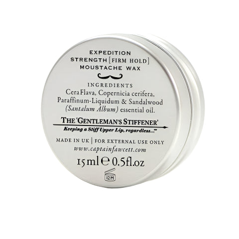 Silver container of Expedition Strength Moustache Wax with text on a white background
