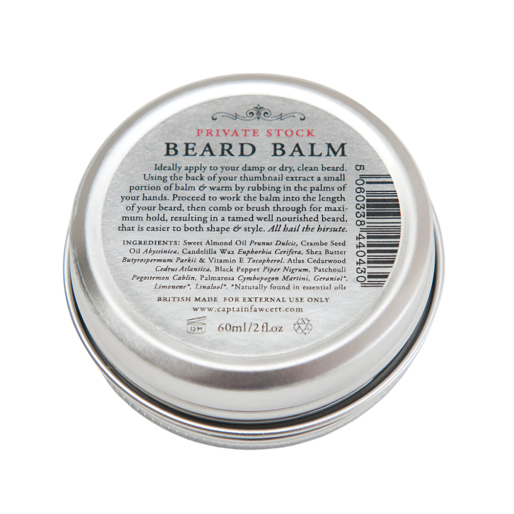 Captain Fawcett Private Stock Beard Balm 60ml in aluminium screw-top tin - back of tin.
