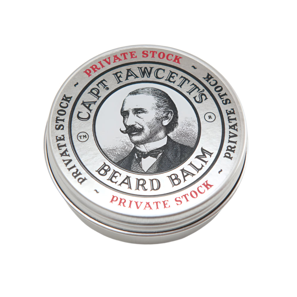 Captain Fawcett Private Stock Beard Balm 60ml in aluminium screw-top tin - closed tin.