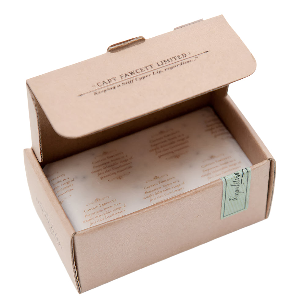 Open cardboard box with a label and text on a white background