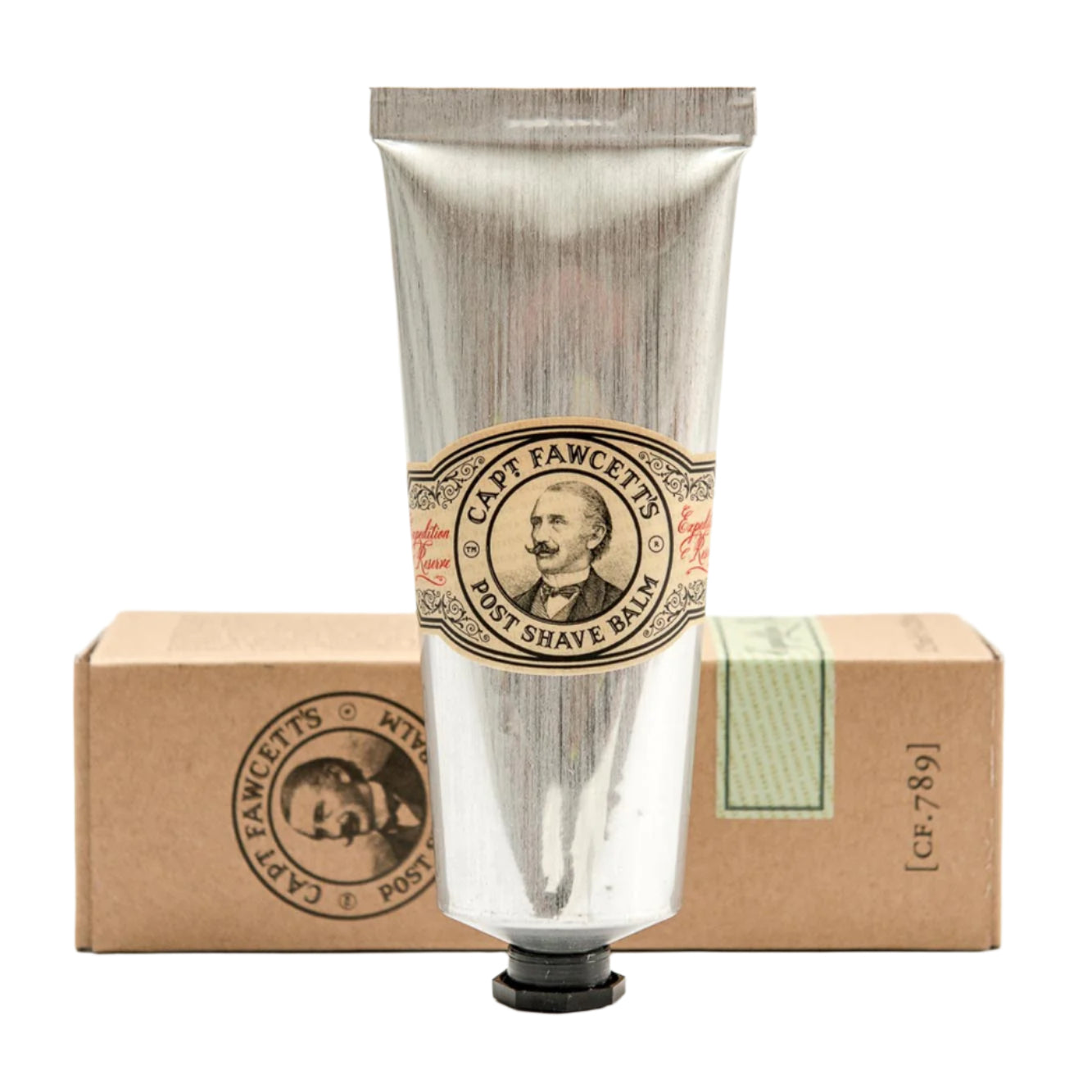 Silver tube of Captain Fawcett's Post Shave Balm with a cardboard box in the background