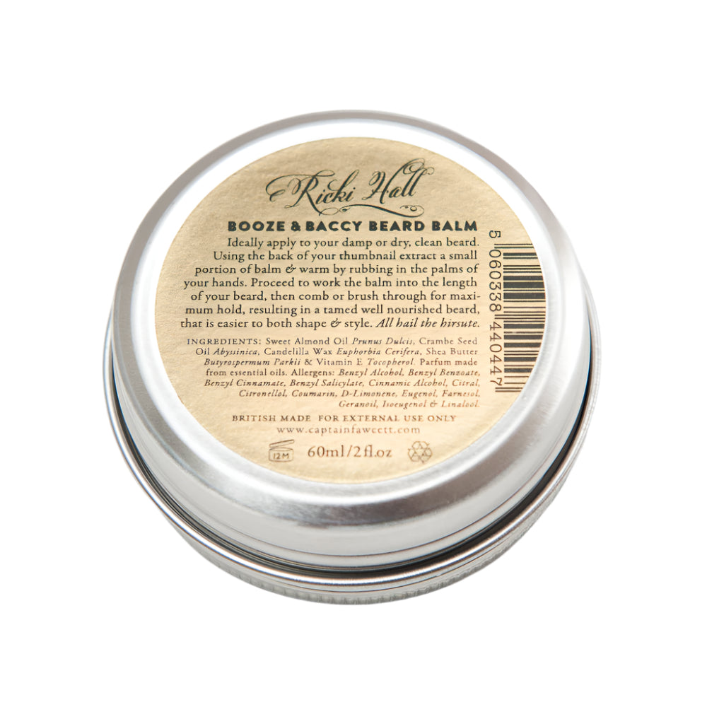Captain Fawcett Booze & Baccy Beard Balm 60ml In Screw-Top Tin - Back of Jar