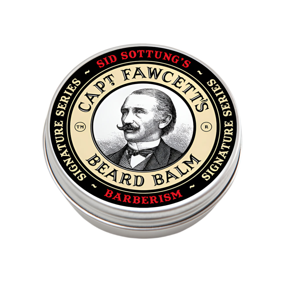 Capitaine Fawcett's Beard Balm container with vintage illustration on a white background