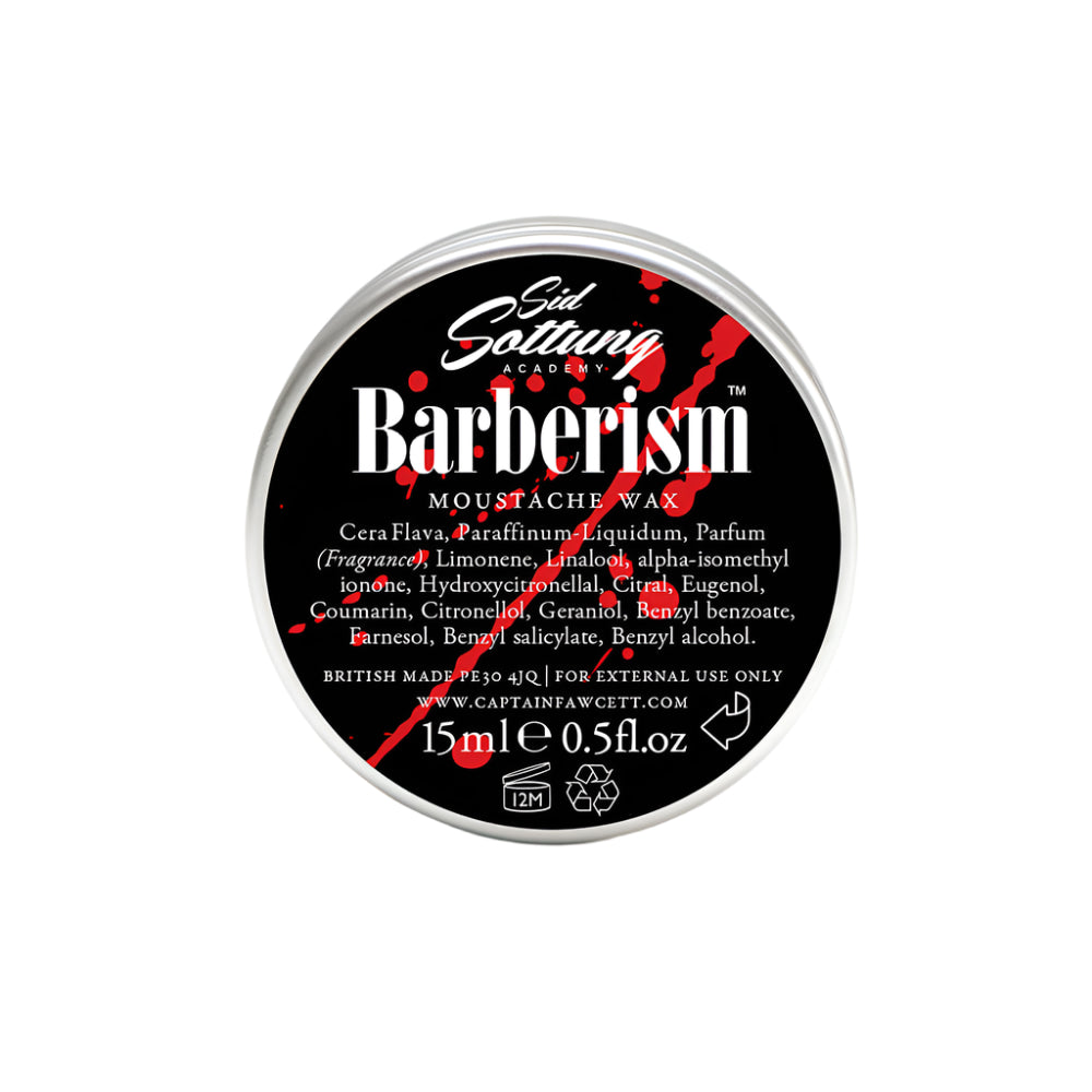 Barberism moustache wax container with black label on a white background