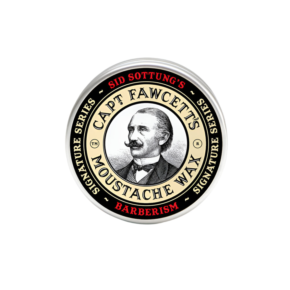 Capitain Fawcett's Moustache Wax container with branding on a white background