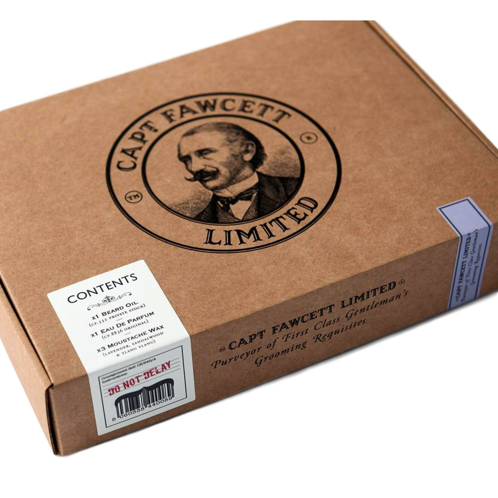 Brown cardboard box with Capt Fawcett Limited branding on a white background