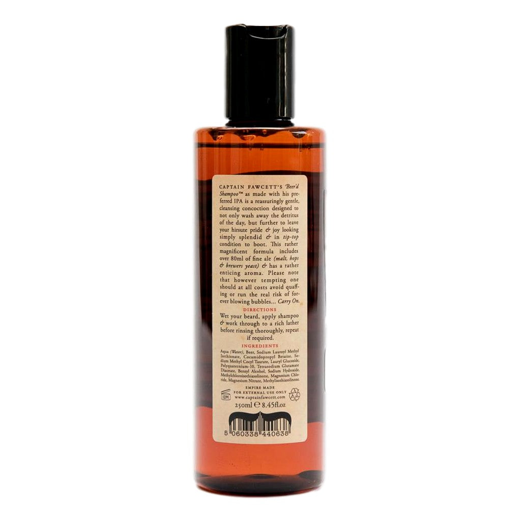 Bottle of Captain Fawcett's Beer'd shampoo with a label on a white background