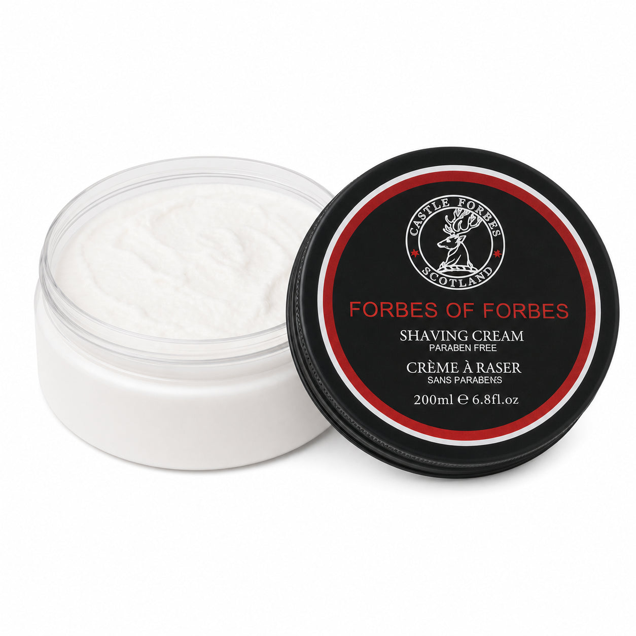 Jar of Forbes of Forbes shaving cream with black lid on a white background