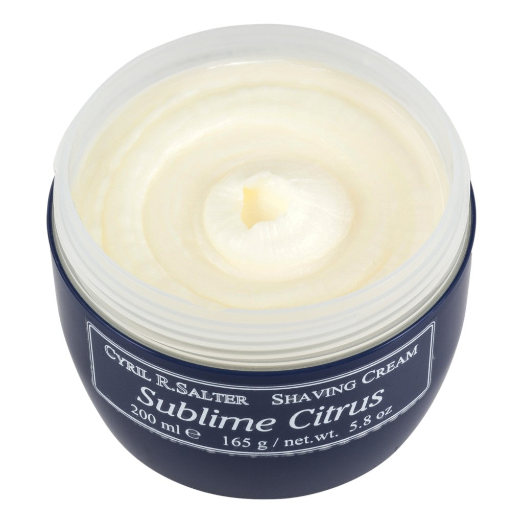 Cyril R. Salter Sublime Citrus Shaving Cream, Rich Lather, 200ml Jar Open View.