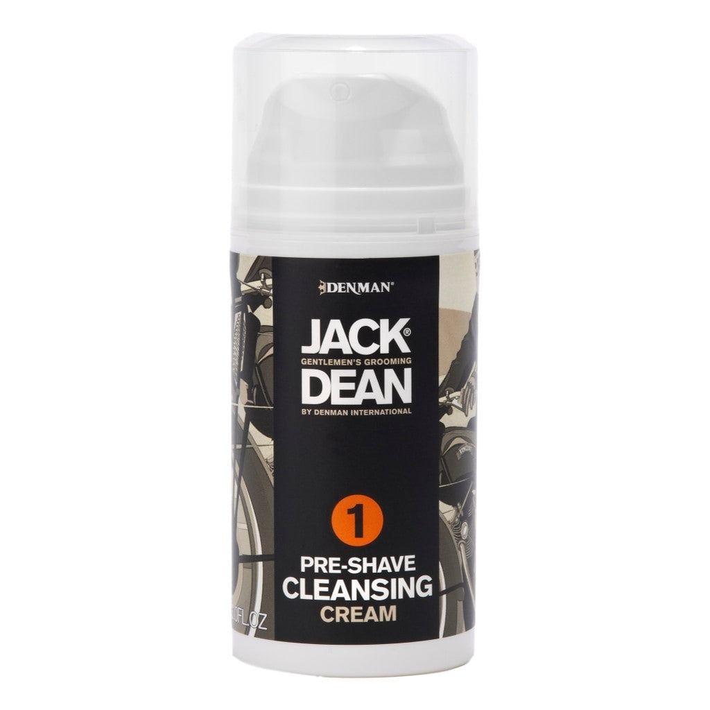 Jack Dean Pre-Shave Cleansing Cream 90ml - Front View of Product Packaging Featuring Black and White Design with Orange Label Highlighting "1".