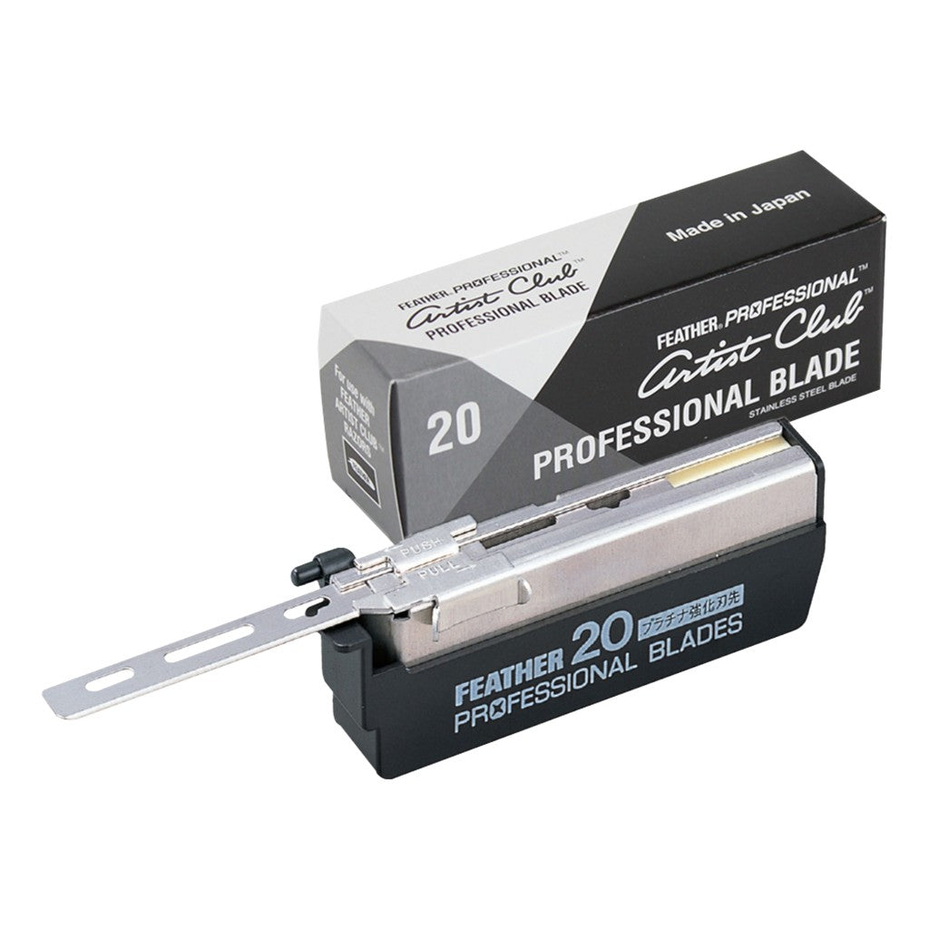 Feather Artist Club Professional Blade displayed with its cartridge and box packaging, emphasizing its design and versatility.