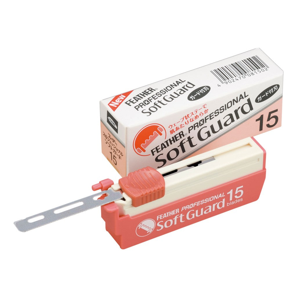 Feather Artist Club Soft Guard Blades packaging and cartridge with a blade partially dispensed.