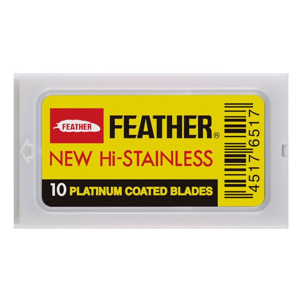 Packaging of Feather Hi-Stainless double-edge razor blades, 10-pack, platinum-coated for superior sharpness and durability.