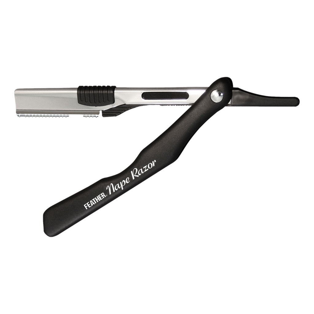 Feather Nape & Body Razor with a folding black handle and stainless steel blade, designed for precise shaving.