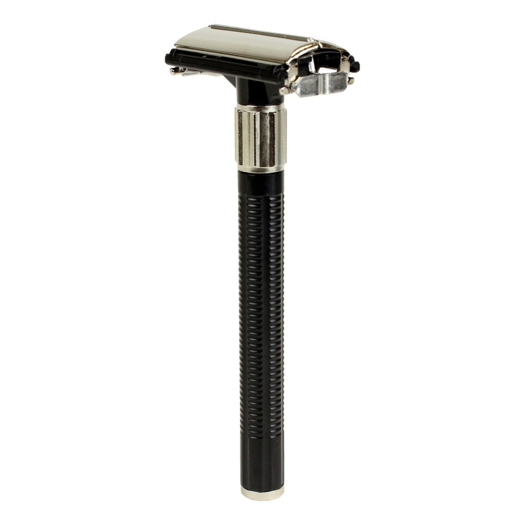 Close-up of the Feather Popular Double Edge Razor, showcasing its long, black ABS resin handle and butterfly head mechanism.