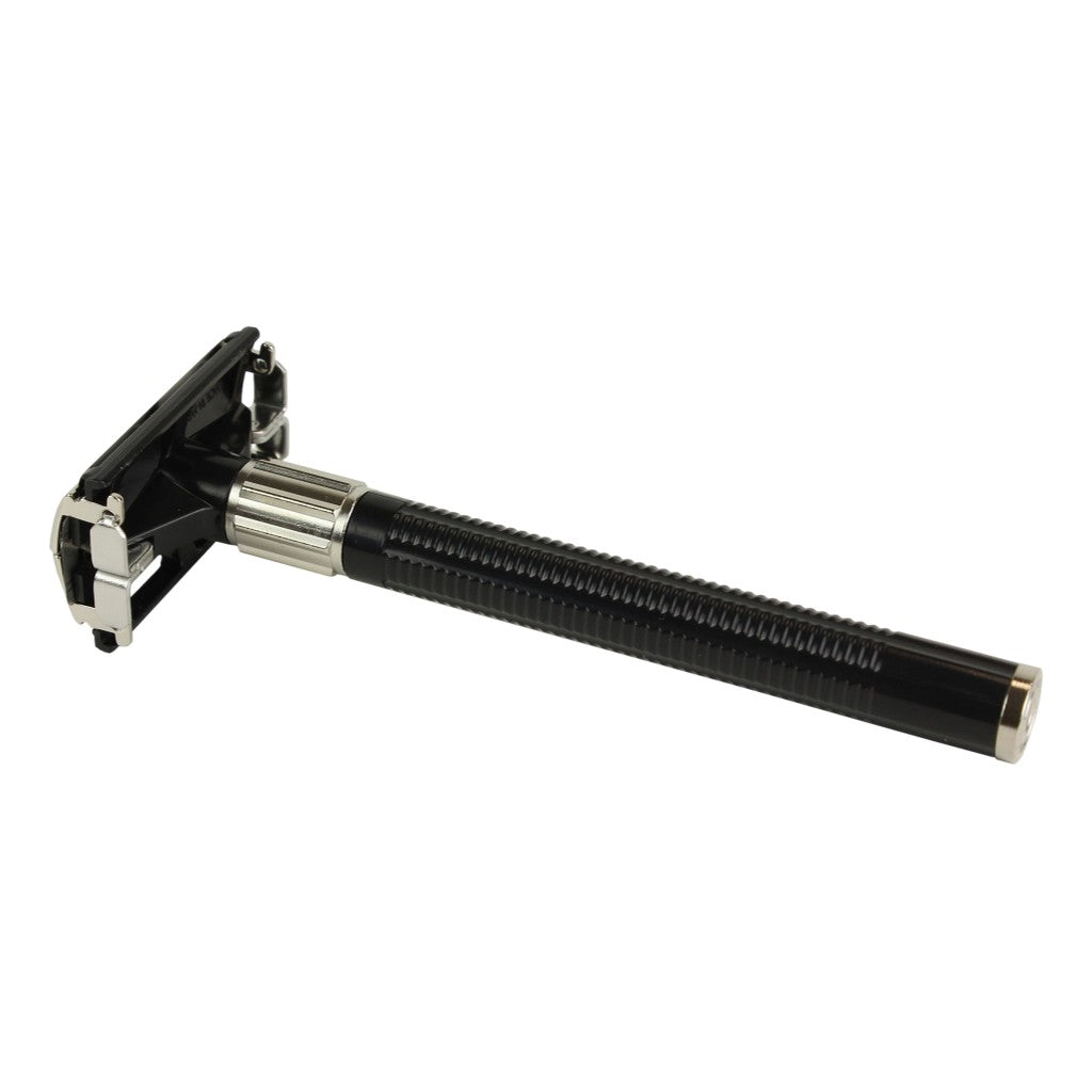 Side view of the Feather Popular Double Edge Razor, emphasizing its lightweight and sleek straight handle design.