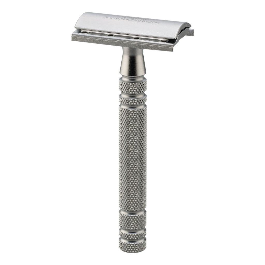 Side view of Feather All Stainless Safety Razor AS-D2, highlighting its precision design and ergonomic handle.