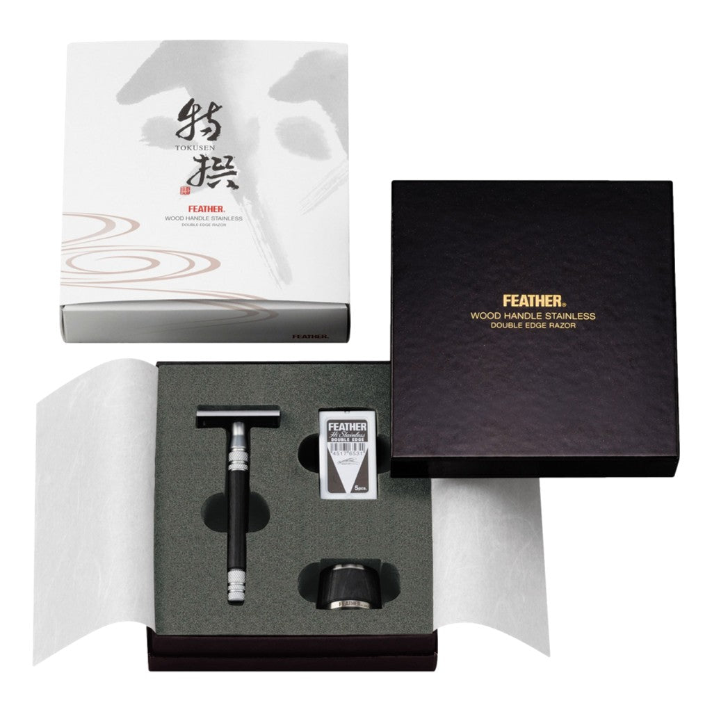 Feather Wood Handle Stainless Double Edge Razor with Stand in elegant box packaging, made in Japan.