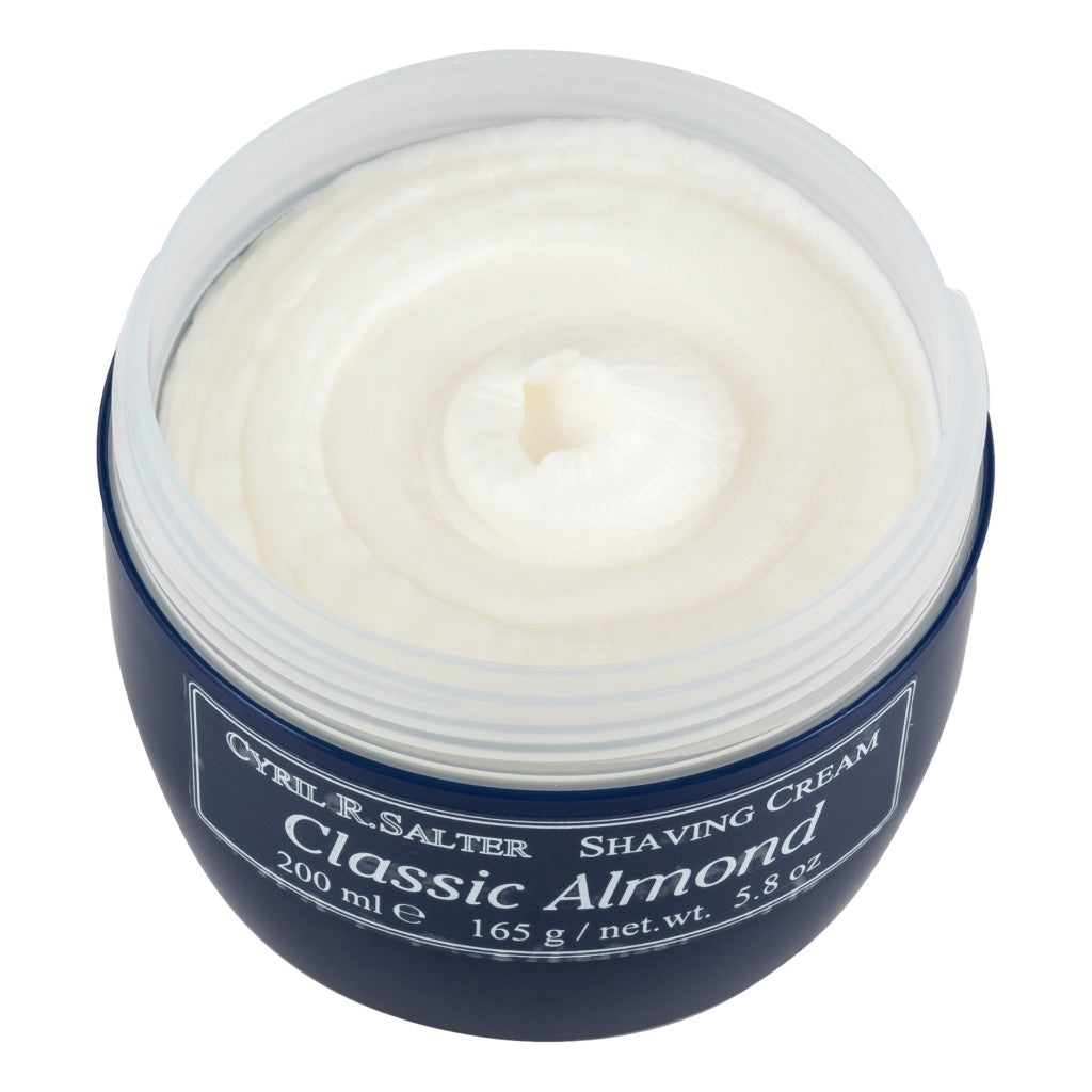 Cyril R. Salter Almond Shaving Cream, Rich Lather, 200ml Jar Open View.