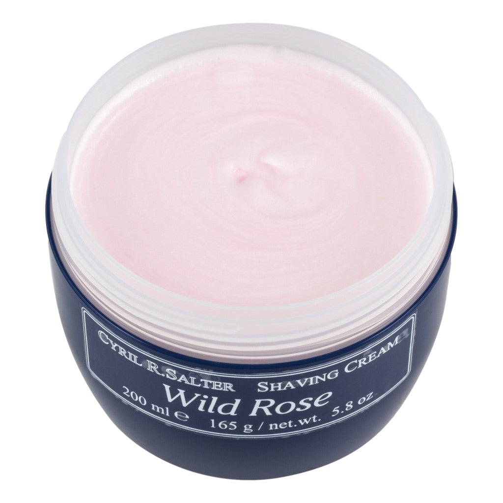 Cyril R. Salter Wild Rose Shaving Cream, Rich Lather, 200ml Jar Open View.