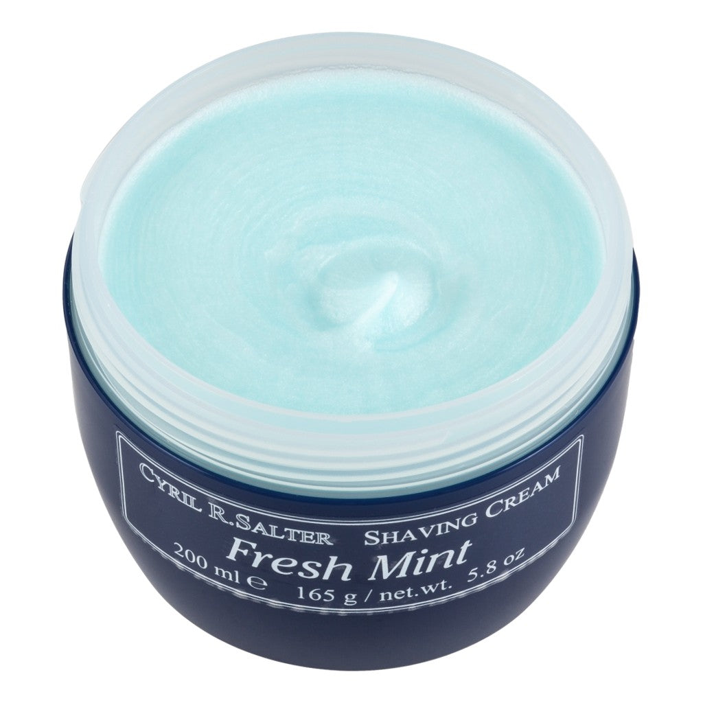 Cyril R. Salter Fresh Mint Shaving Cream, Rich Lather, 200ml Jar Open View.