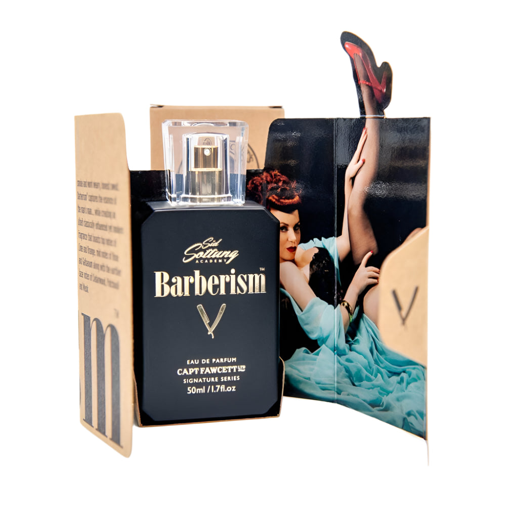 Barberism Eau de Parfum bottle with packaging featuring vintage-style illustration.